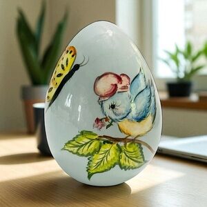 VTG Hand-Painted Ceramic Egg Figurine Blue Bird & Butterfly Decor Collectible